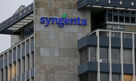 The logo of Swiss agrochemicals maker Syngenta adorns it's headquarters in Basel, Switzerland February 3, 2016. REUTERS/Arnd Wiegmann