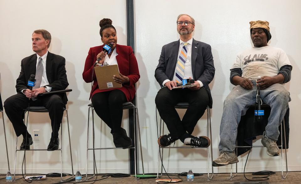 Democratic mayoral candidate Robin Shackleford (middle) answers questions while sitting next to, incumbent Joe Hogsett (left) Clif Marsiglio and Larry Vaughn during a mayoral Democratic town hall on Tuesday, March 28, 2023 at The Indianapolis Star in Indianapolis.