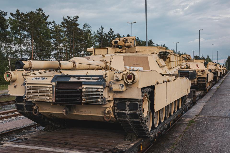 M1A1 Abrams tanks needed for training Ukrainian soldiers await offloading at Grafenwoehr, Germany on May 14, 2023.