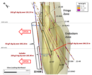 View to Northeast of Key Results Holes 12-47, 21-58 & 22-65B and Fernandez Zone