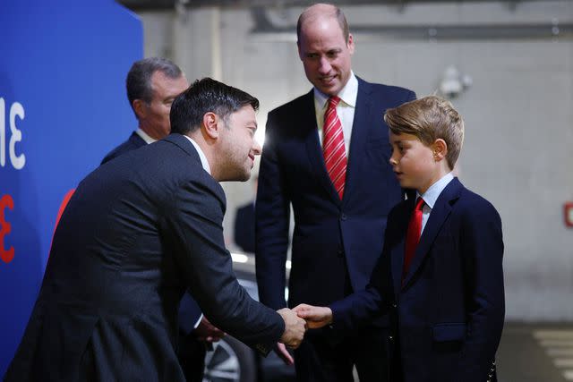 <p>Adam Pretty - World Rugby/World Rugby via Getty </p> Benoit Payan, Mayor of Marseille greets Prince George and William, Prince of Wales and Patron of the Welsh Rugby Union on Oct. 14, 2023.