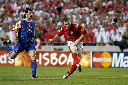 Wayne Rooney scores England’s third goal against Croatia at Euro 2004