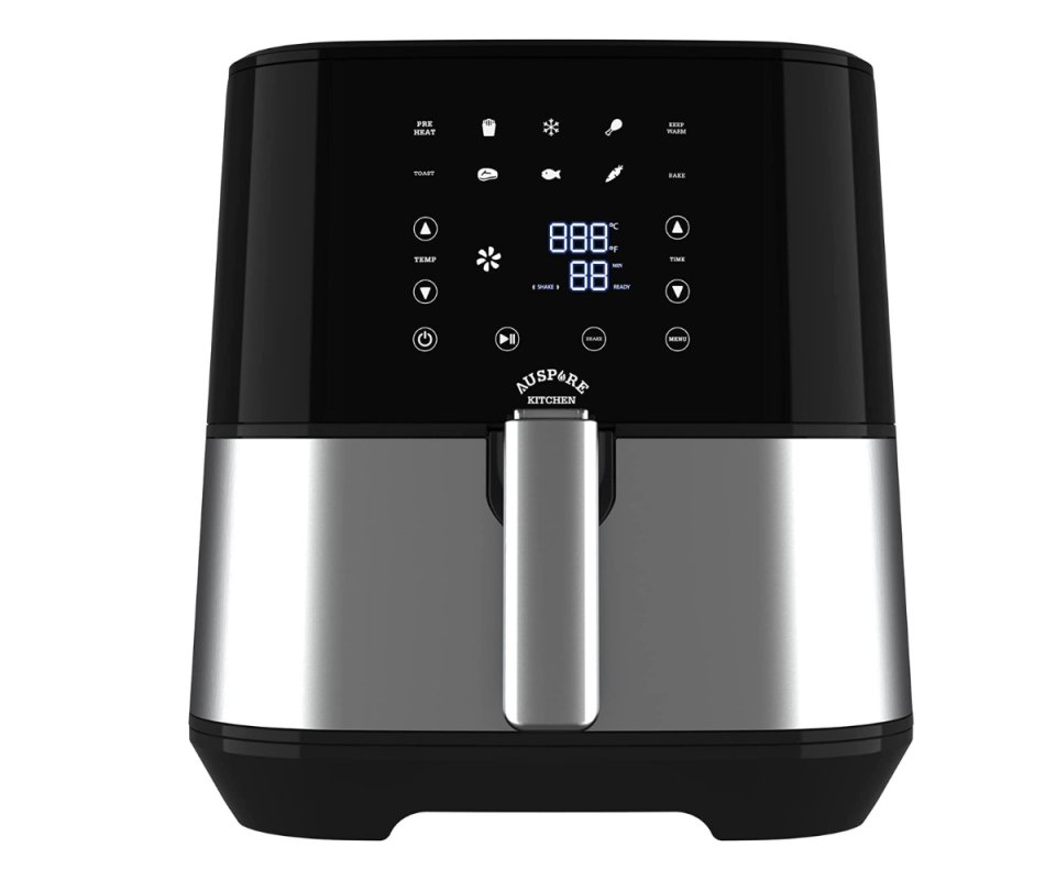 Auspure black and stainless steel air fryer against a white background.