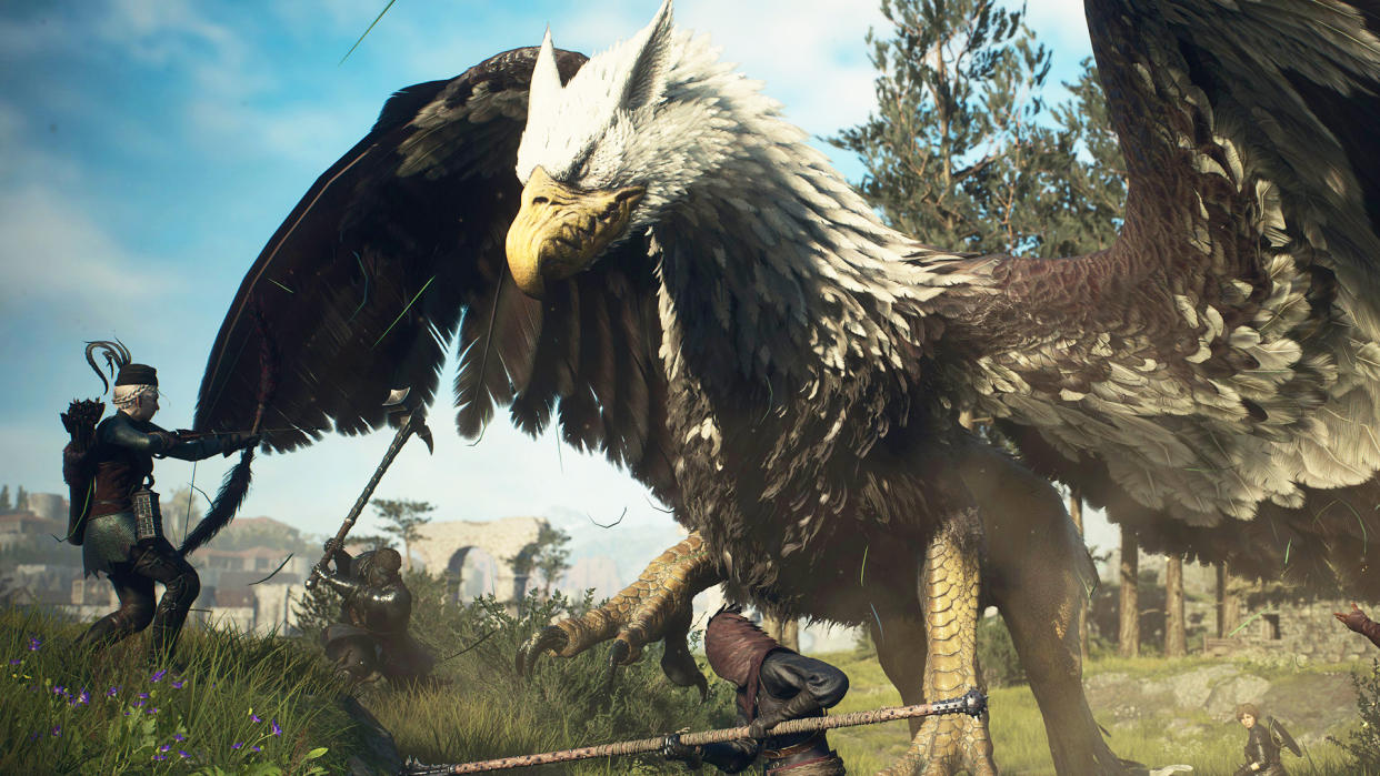 A Dragon's Dogma 2 party fights off again'st a griffin atop a grassy hill. 