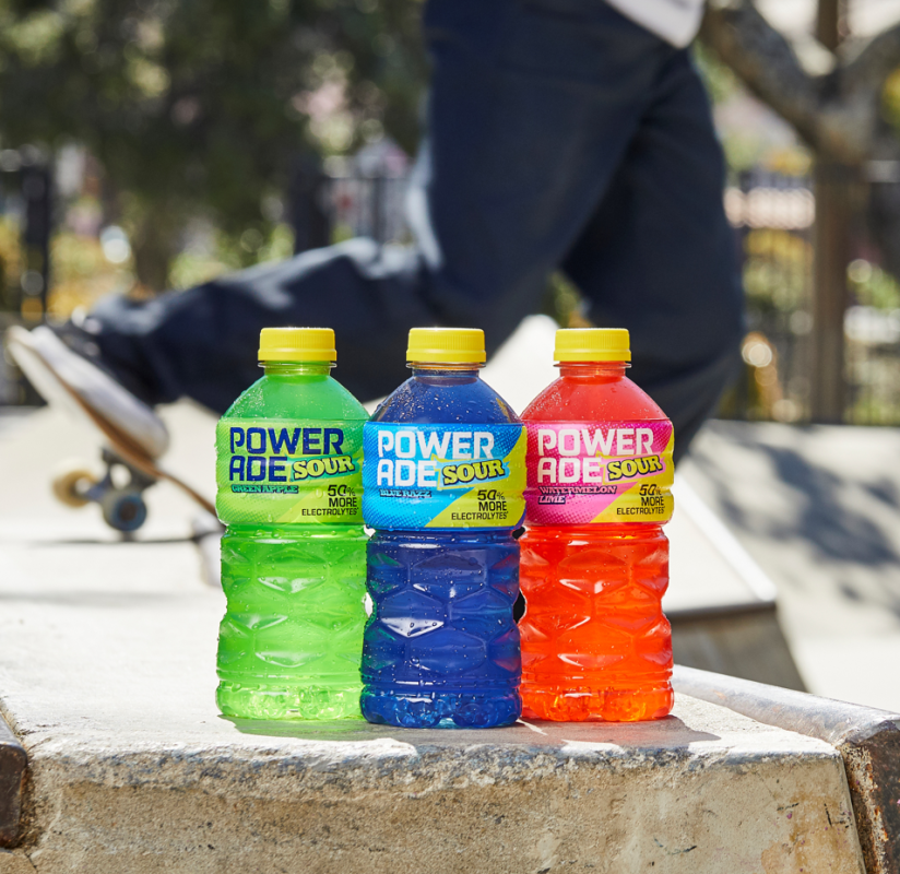 Powerade Sour now available in three flavors: Blue Razz, Green Apple and Watermelon Lime.<p>Powerade</p>