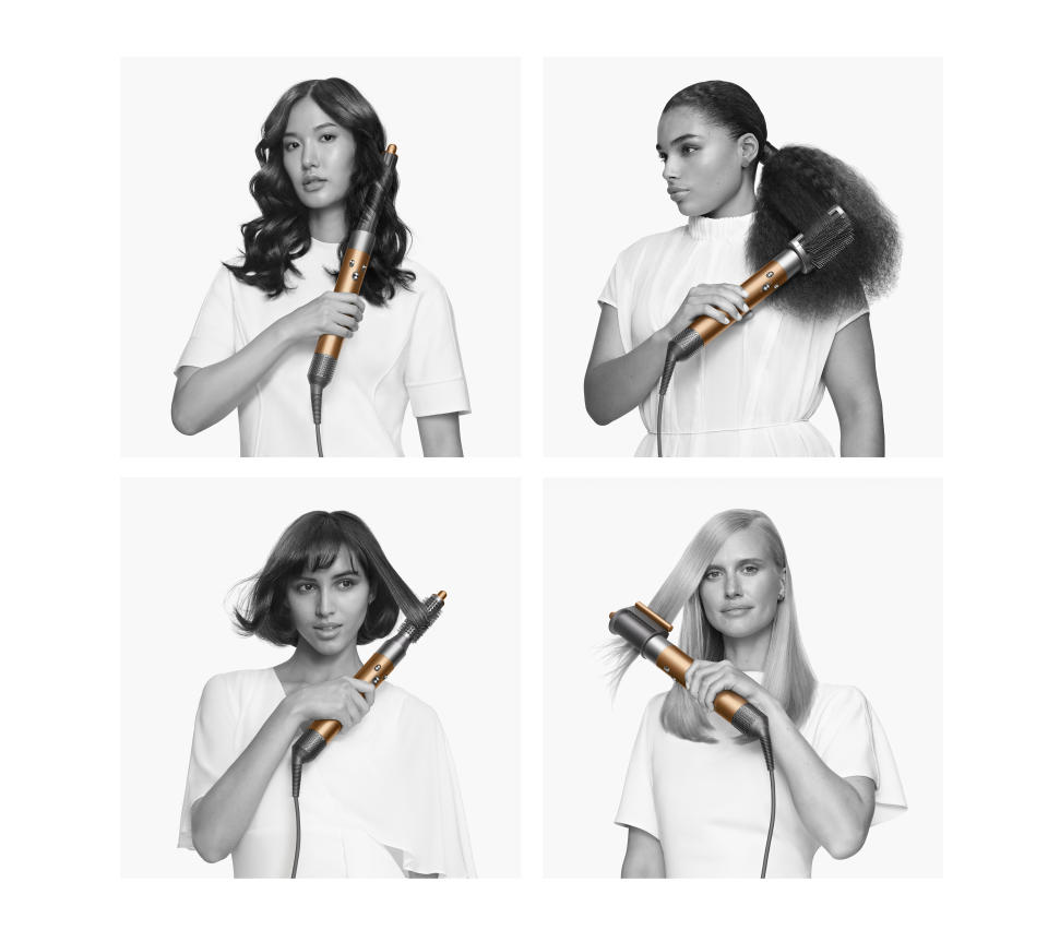 <p>A collage of four women using the Dyson Airwrap multi-styler 2022, each with different hair types, lengths and thickness.</p>
