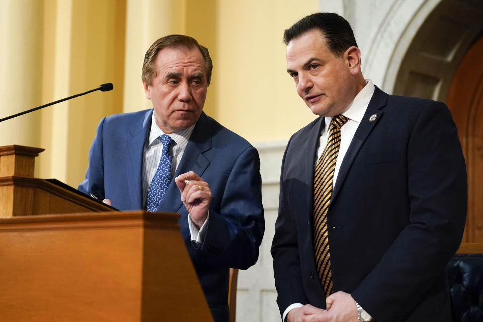 FILE - Assembly Speaker Craig Coughlin, left, and Senate President Nicholas Scutari before New Jersey Gov. Phil Murphy's budget address in Trenton, N.J., Tuesday, March 8, 2022. New Jersey wraps up voting Tuesday, Nov. 7, 2023, for a new Legislature, with all 120 seats on the ballot, as Republicans fight for controlling either chamber for the first time in more than two decades. (AP Photo/Seth Wenig, File)