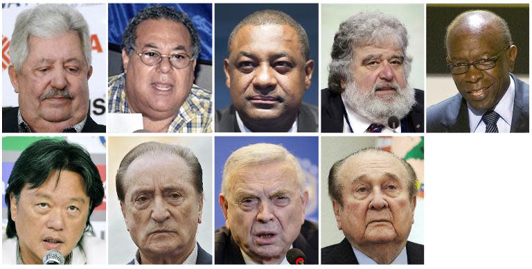 A combination of file pictures shows present or former football officials (left to right, from upper row) Rafael Esquivel, Julio Rocha, Jeffrey Webb, Chuck Blazer, Jack Warner, Eduardo Li, Eugenio Figueredo, Jose Maria Marin and Nicolas Leoz