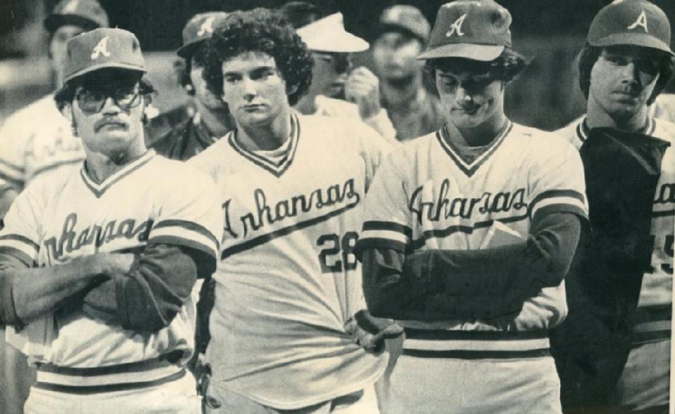 Members of the Arkansas baseball team react after the Razorbacks lost 2-1 to Cal State Fullerton in the College Baseball World Series championship June 8, 1979, in Omaha, Neb. (AP file photo)