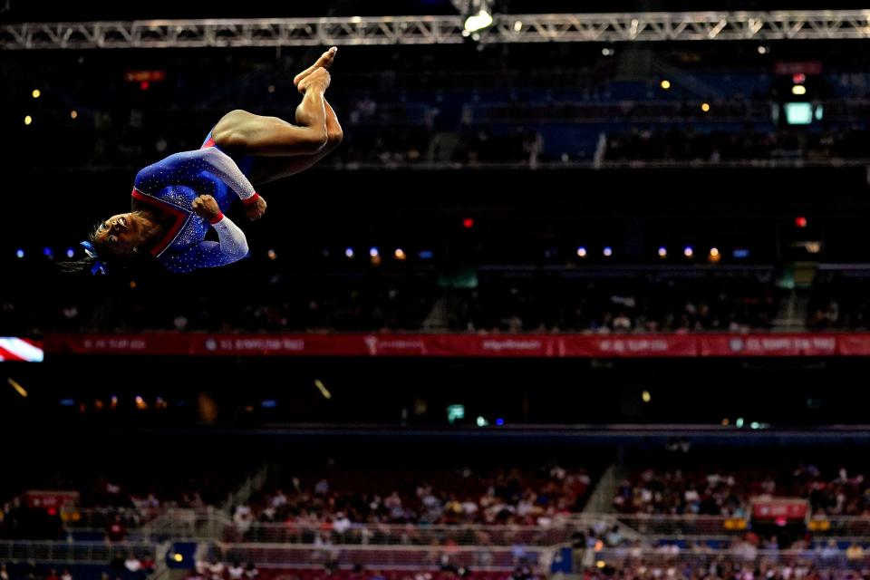 Simone Biles competes on the beam during the U.S. Gymnastics Olympic Team Trials at The Dome at America's Center on June 25, 2021, in St. Louis, Missouri