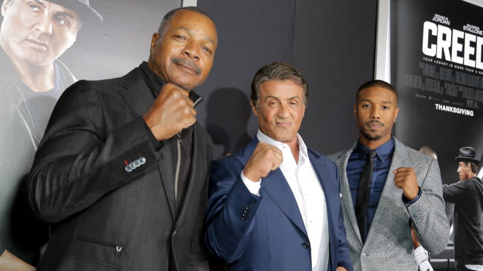 Carl Weathers, Sylvester Stallone and Michael B. Jordan at the 'Creed ' film premiere, Los Angeles, in November 2015. - Chelsea Lauren/Variety/Penske Media/Getty Images