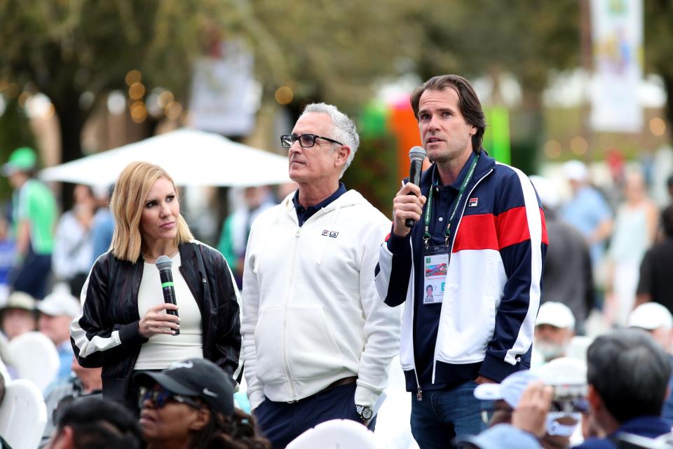 Tommy Haas, right, speaks during the Draw ceremonies on day one of the BNP Paribas Open at the Indian Wells Tennis Garden in Indian Wells, Calif., on Monday, March 6, 2023.