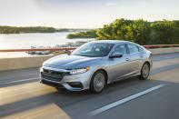 This undated photo provided by Honda shows the 2020 Honda Insight, a compact hybrid sedan with an EPA-estimated 48 mpg in mixed driving. (American Honda Motor Co. via AP)