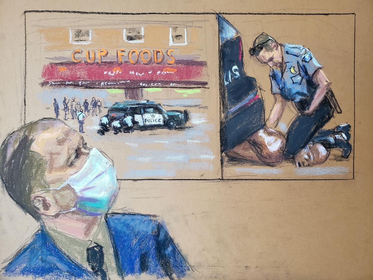 A courtroom sketch of Derek Chauvin watching video footage during his trial for second-degree murder, third-degree murder and second-degree manslaughter in the death of George Floyd. (Jane Rosenberg/Reuters)