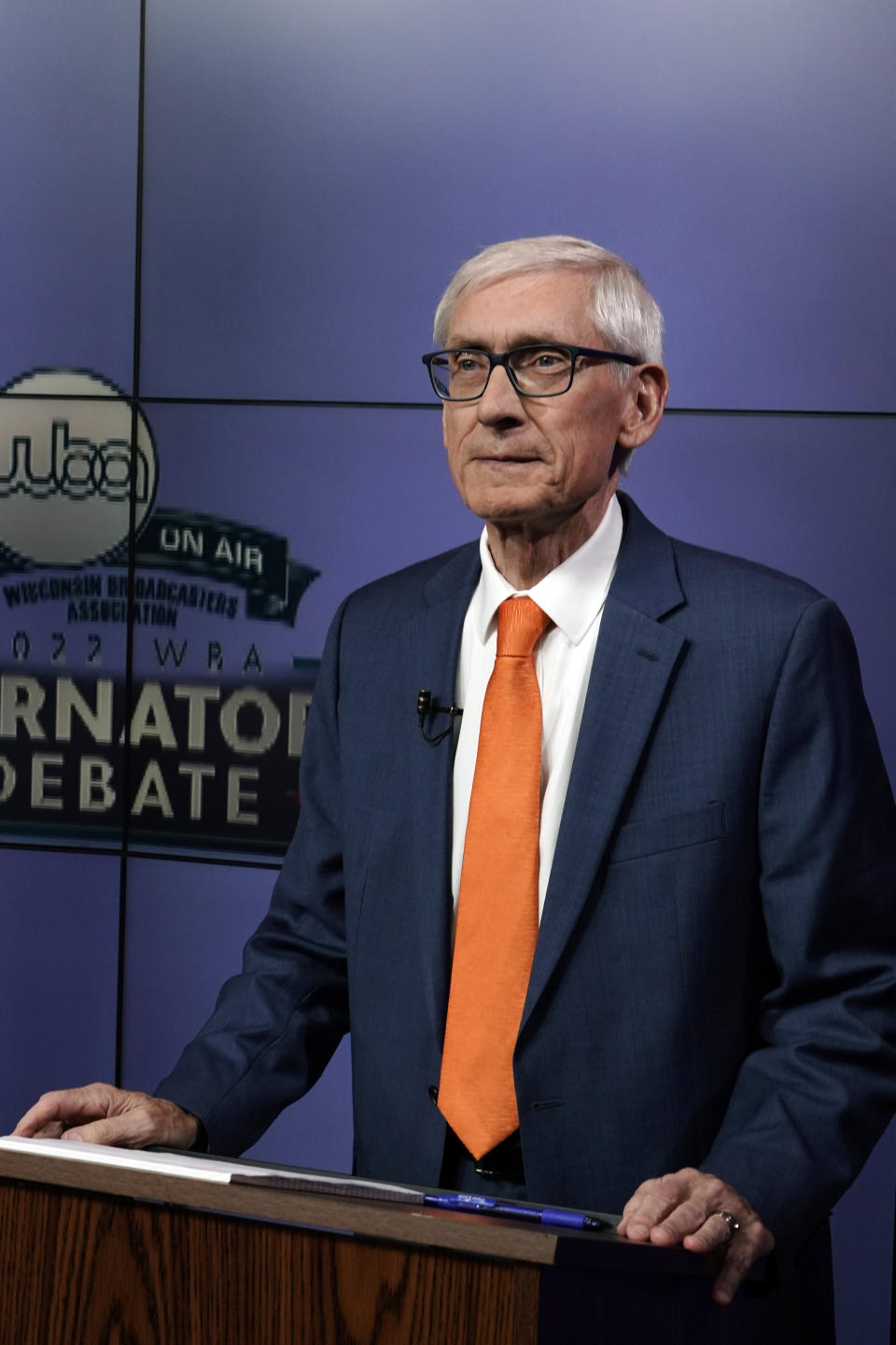 Democratic Gov. Tony Evers prepares for a televised gubernatorial debate, Friday, Oct. 14, 2022, in Madison, Wis. (AP Photo/Morry Gash)