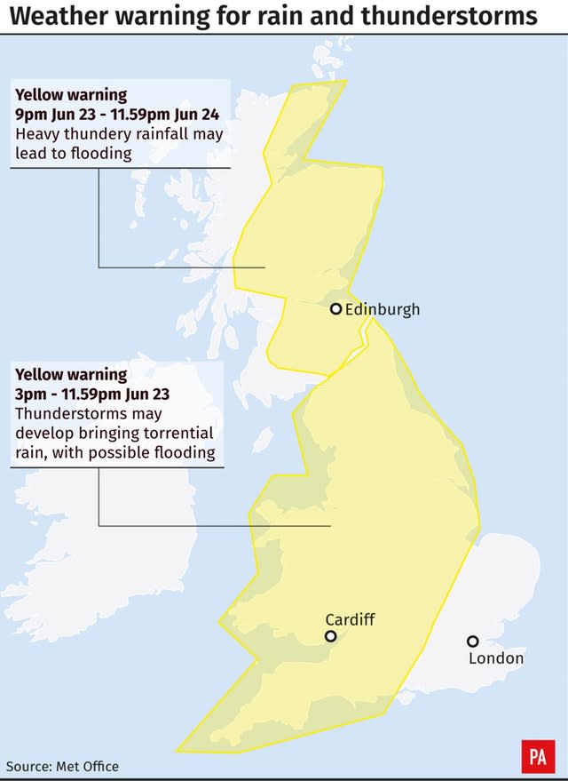 Weather warning for rain and thunderstorms