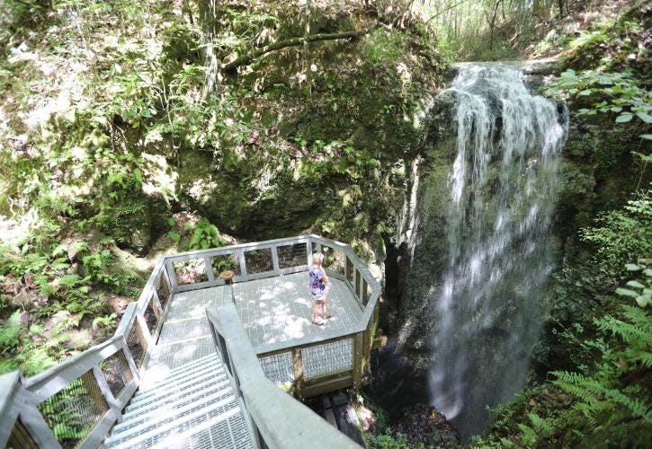 Falling Waters State Park is a 171-acre park near Chipley. The main attraction is the 73-foot waterfall, the highest in the state known as "Falling Waters Falls." The amount of rain dictates whether it will be a trickle or a roaring flow.