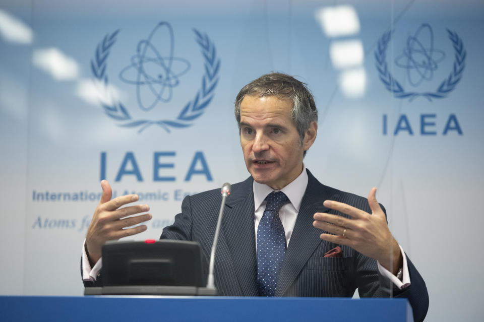 Director General of the International Atomic Energy Agency (IAEA), Rafael Mariano Grossi, speaks during a press conference during an IAEA Board of Governors meeting at the IAEA headquarters of the UN in Vienna, Austria, Nov. 18, 2020. (Christian Bruna/Pool Photo via AP)