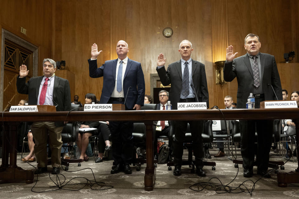 From left: Boeing quality engineer Sam Salehpour;  Ed Pierson, executive director of the Foundation for Aviation Safety and former Boeing engineer;  Joe Jacobsen, aerospace engineer and technical advisor to the Foundation for Aviation Safety and former FAA engineer;  and Shawn Pruchnicki, Ph.D., assistant professor of integrated systems engineering at Ohio State University, will be sworn in before testifying Wednesday at a Senate Homeland Security and Governmental Affairs Subcommittee hearing examining Boeing's broken safety culture.  April 17, 2024, in Washington.  (AP Photo/Kevin Wolf)