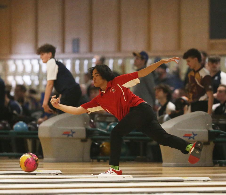 North Rockland's Mikael Najarro bowls in the Section 1 boys bowling championship in Fishkill on February 14, 2024. Najarro had a final combined score of 1358.