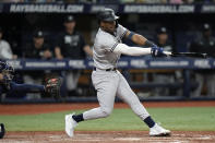 New York Yankees' Miguel Andujar connects for a two-run single off Tampa Bay Rays starting pitcher Ryan Thompson during the sixth inning of a baseball game Thursday, May 26, 2022, in St. Petersburg, Fla. (AP Photo/Chris O'Meara)