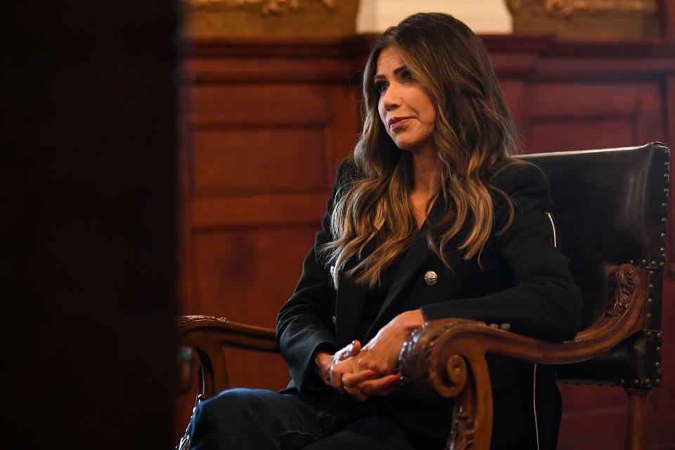Governor Kristi Noem interviews with Argus Leader and South Dakota Searchlight reporters about the indigenous child welfare laws on Tuesday, Sept. 26, 2023 at South Dakota State Capital in Pierre, South Dakota.