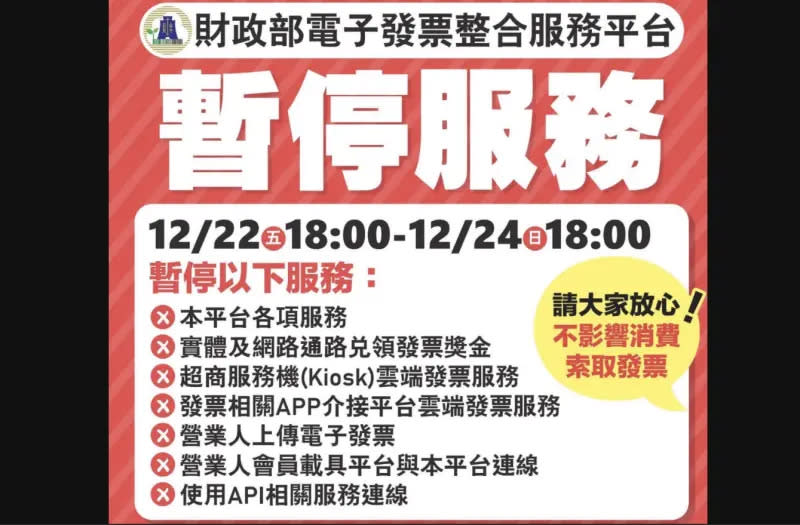 ▲財政部宣布，電子發票整合服務新平台將於12月24日晚上6時起上線試營運，平台移轉期間從12月22日晚上6時至12月24日晚上6時暫停實體及網路通路兌領獎等服務。（圖／擷取自財政部臉書）