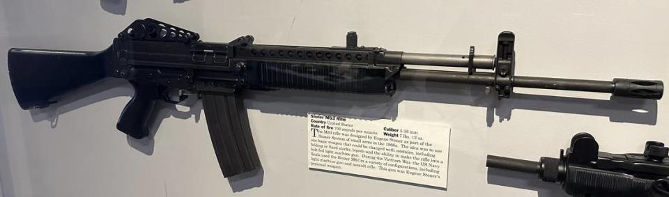 Here is the Stoner M63 rifle on display at the Earl Curtis Weapons Exhibit at the Old Idaho Penitentiary from the personal collection of Eugene Stoner, the developer of the AR-15 and the M16. This gun was shot by Stoner and Mikhail Kalashnikov, developer of the AK-47 when Kalashnikov made a historic visit to the United States in May 1990, just six months after the fall of the Berlin Wall.