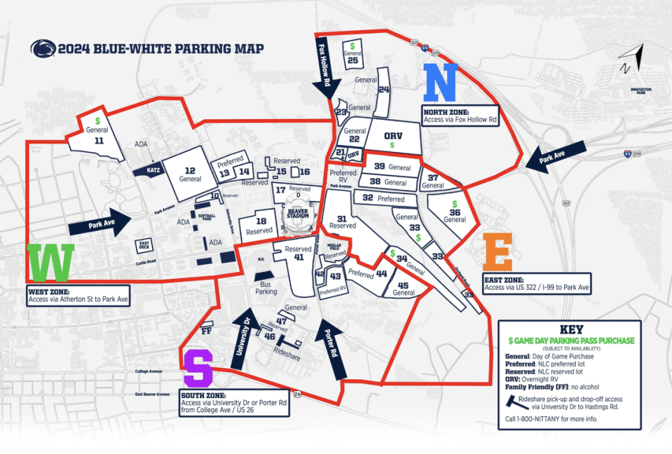 Lots marked with $ will offer day-of-game parking purchases at Penn State’s Blue-White game, according to this Penn State Athletics map. Screenshot