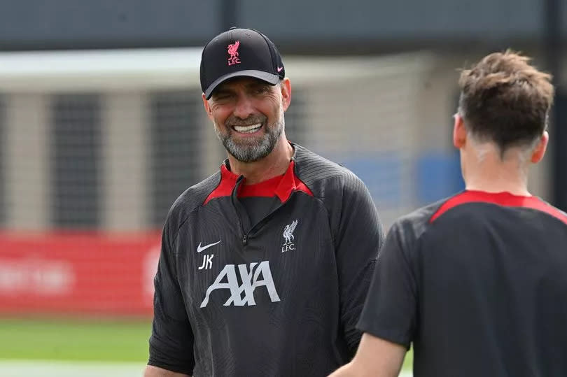 Jurgen Klopp manager of <a class="link " href="https://sports.yahoo.com/soccer/teams/liverpool/" data-i13n="sec:content-canvas;subsec:anchor_text;elm:context_link" data-ylk="slk:Liverpool;sec:content-canvas;subsec:anchor_text;elm:context_link;itc:0">Liverpool</a> during a training session at AXA Training Centre on May 02, 2024 -Credit:(Photo by John Powell/Liverpool FC via Getty Images)
