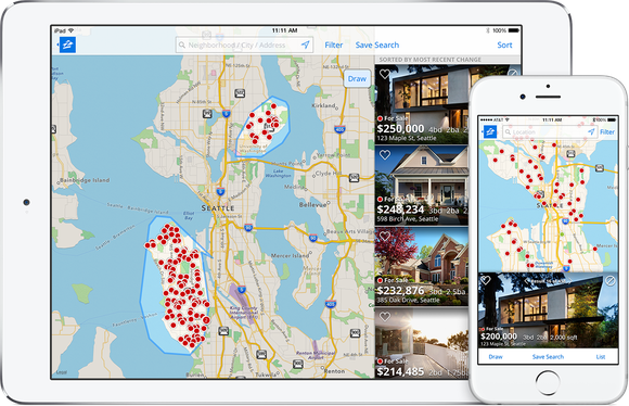 Zillow app displaying maps and homes on a tablet and smartphone