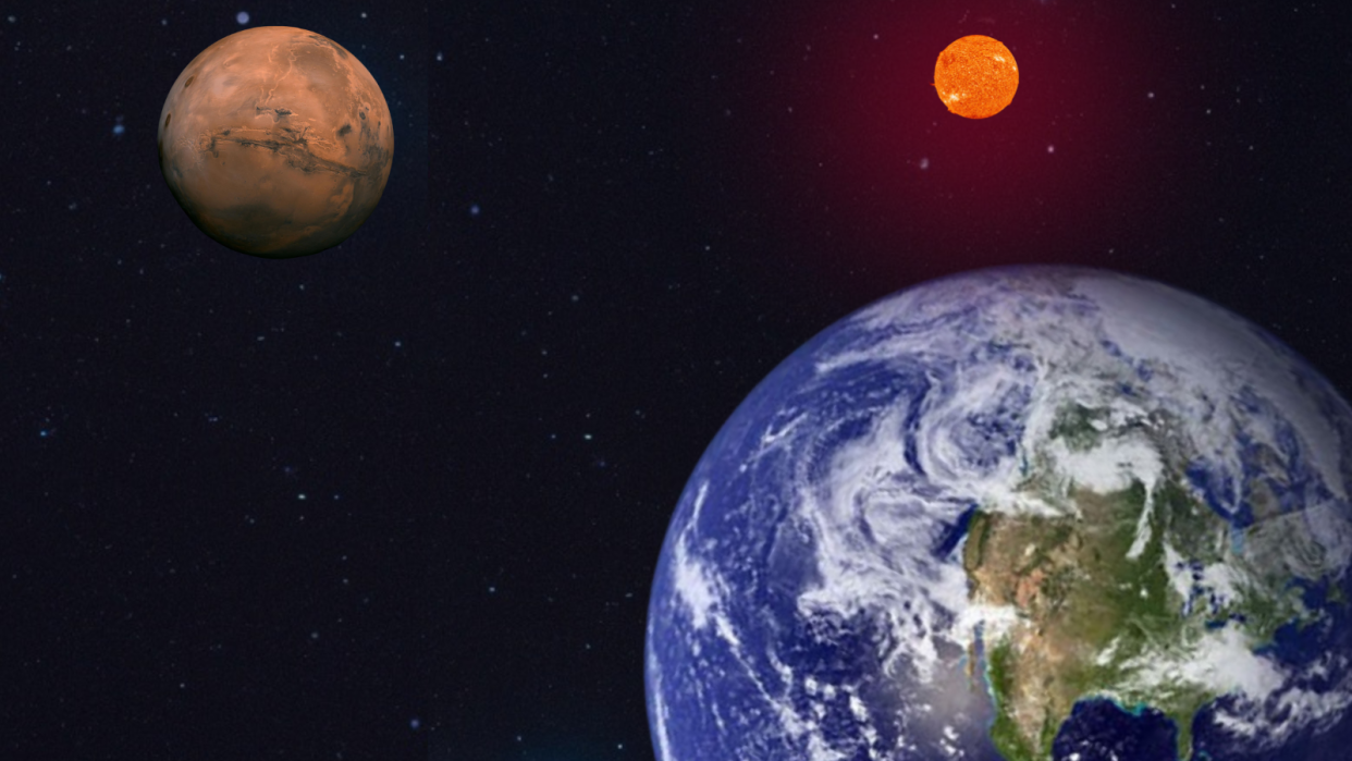  Illustration showing earth in the foreground with mars and the sun in the background. 