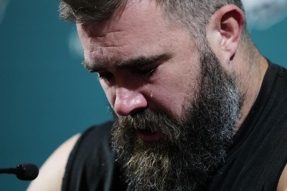 Philadelphia Eagles' Jason Kelce cries during an NFL football press conference announcing his retirement in Philadelphia, Monday, March 4, 2024. (AP Photo/Matt Rourke)