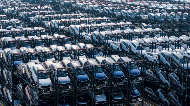 Vehículos eléctricos de la marca BYD permanecen almacenados en la terminal internacional de carga del puerto de Taicang a la espera de ser embarcados, el 8 de febrero de 2024 en Suzhou, al este de China (.)