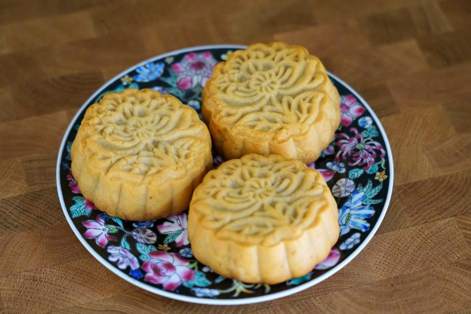 Three mooncakes from Voyager Bakeshop photographed on May 7, 2023, in Phoenix.