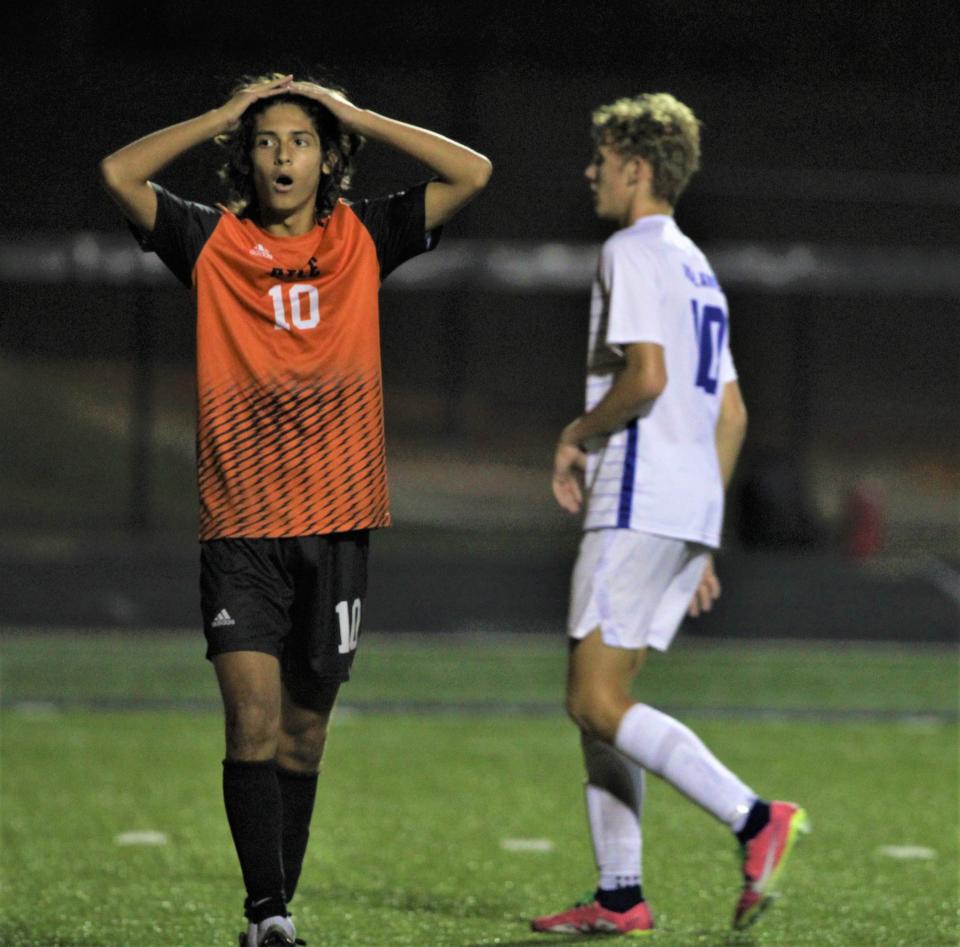 Ryle senior Diego Hoenderkamp (10) reacts after just missing scoring a goal during Ryle's 3-0 win over HIghlands in KHSAA boys soccer Sept. 7, 2023 at Ryle High School, Union, Ky.