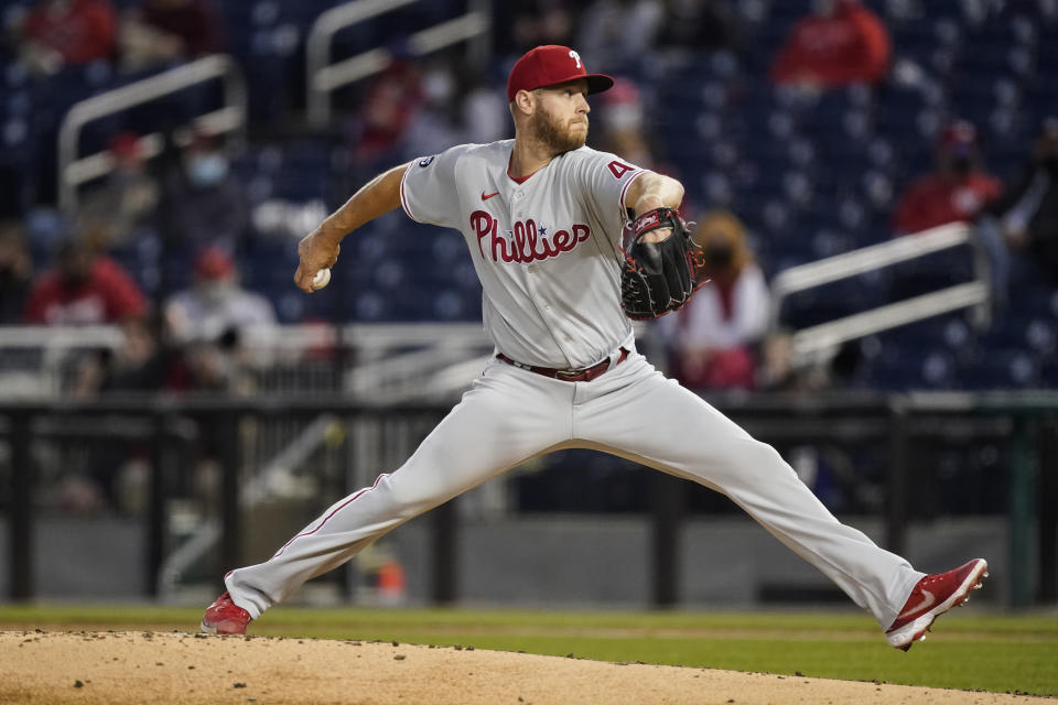 Philadelphia Phillies starting pitcher Zack Wheeler throws during the fourth inning of the team's baseball game against the Washington Nationals at Nationals Park, Wednesday, May 12, 2021, in Washington. (AP Photo/Alex Brandon)