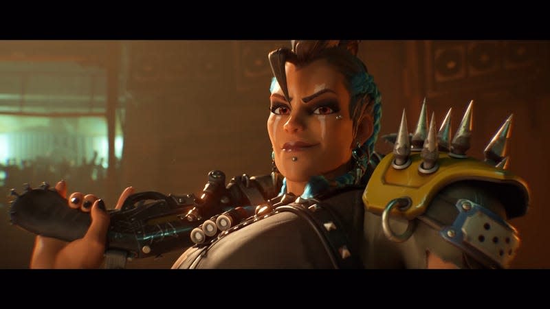An Overwatch 2 screenshot showing the new playable character named The Junker Queen.