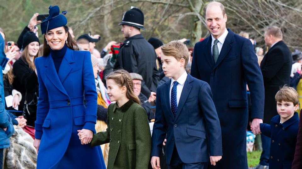 Catherine, Princess of Wales, Princess Charlotte of Wales, Prince George of Wales, Prince William, Prince of Wales and Prince Louis of Wales attend Christmas Morning Service at Sandringham Church on December 25, 2023