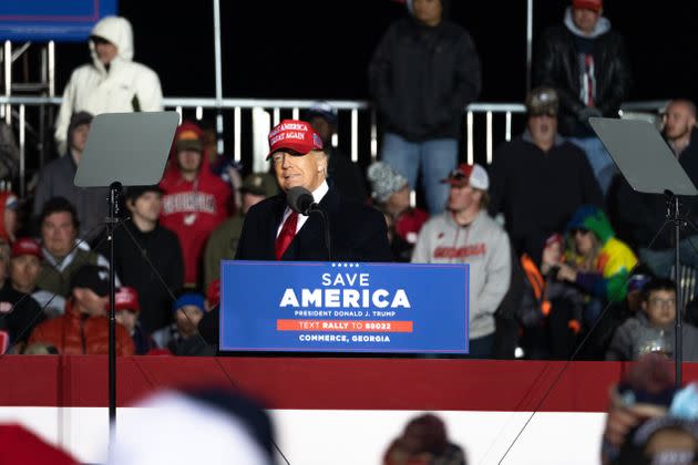 Former President Donald Trump speaks during a rally in Commerce, Georgia, on Saturday night. Two reporters in attendance say the turnout was small.  (Photo: Megan Varner via Getty Images)