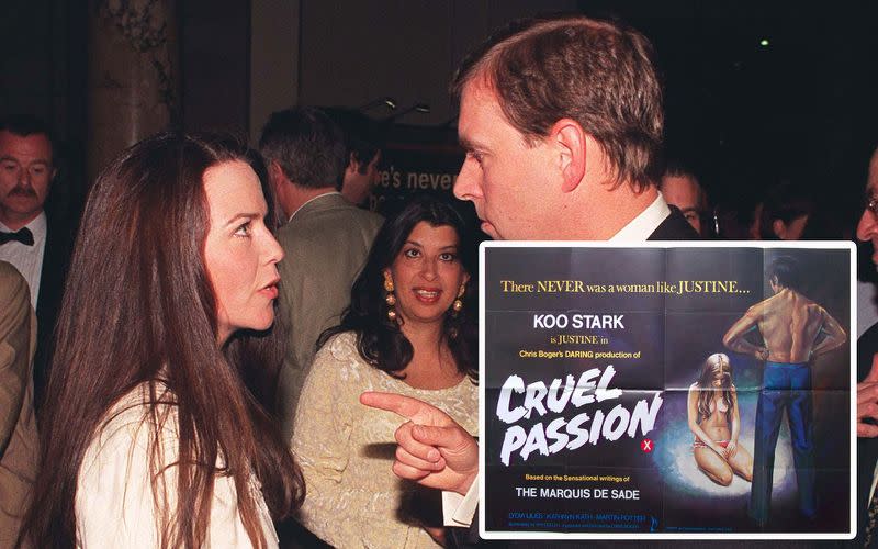 Koo Stark im Bild mit Prinz Andrew 1998 und unten das Poster von „Cruel Passions – Grausame Leidenschaften“ (Bild: PA)