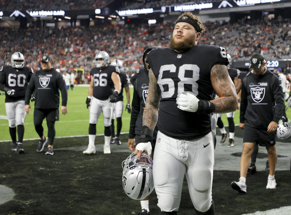 LAS VEGAS, NEVADA – NOVEMBER 14: Center Andre James #68 of the Las Vegas Raiders leaves the field after warmups before a game against the <a class="link " href="https://sports.yahoo.com/nfl/teams/kansas-city/" data-i13n="sec:content-canvas;subsec:anchor_text;elm:context_link" data-ylk="slk:Kansas City Chiefs;sec:content-canvas;subsec:anchor_text;elm:context_link;itc:0">Kansas City Chiefs</a> at Allegiant Stadium on November 14, 2021 in Las Vegas, Nevada. The Chiefs defeated the Raiders 41-14. (Photo by Ethan Miller/Getty Images)