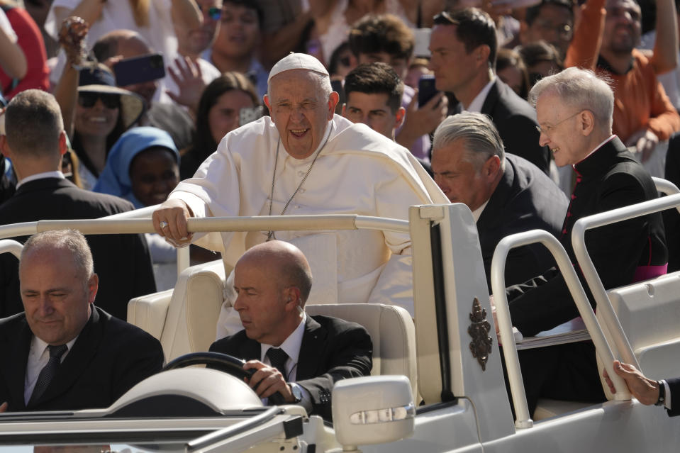 Pope Francis arrives for his weekly general audience in St. Peter's Square at The Vatican, Wednesday, June 7, 2023. (AP Photo/Andrew Medichini)