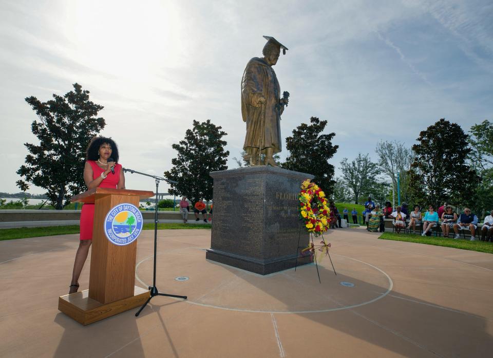 Kaye Brown performs during the Dr. Mary McLeod Bethune birthday rememberance at the at Mary McLeod Bethune statue in Daytona Beach, July 10, 2023. 