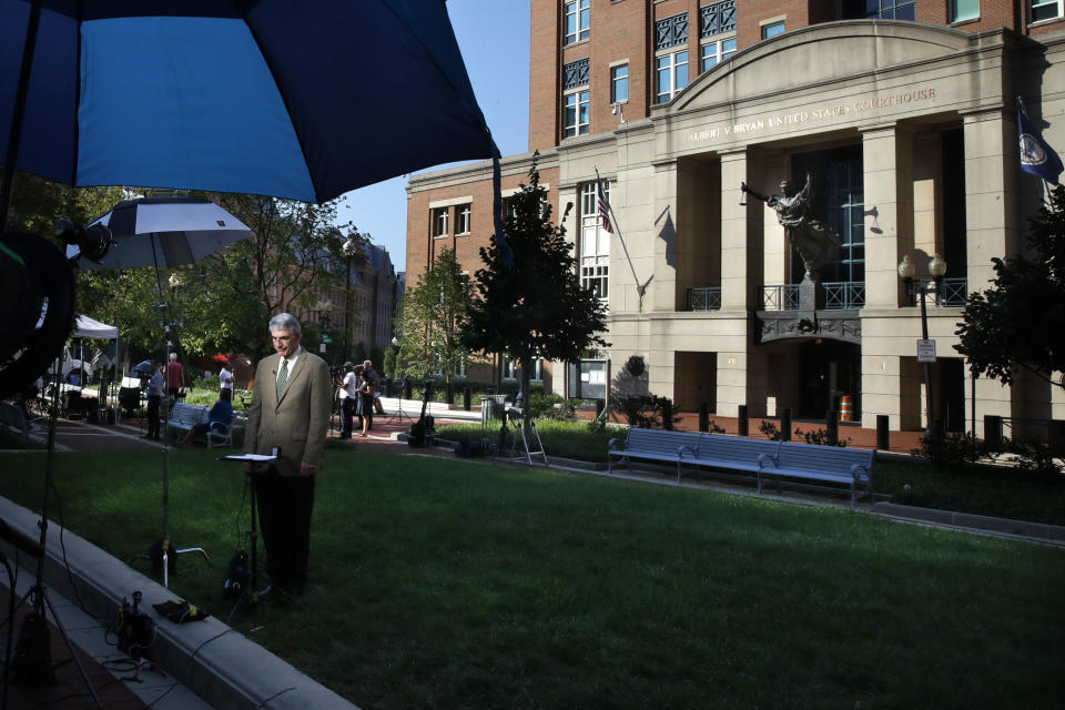 <p>A television crew is set up outside of federal court where the trial of former Trump campaign chairman Paul Manafort will continue, in Alexandria, Va., Wednesday, Aug. 8, 2018. (Photo: Jacquelyn Martin/AP) </p>