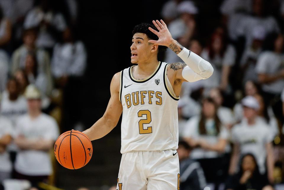 Colorado Buffaloes guard KJ Simpson (2) gestures in the second half against the Arizona Wildcats at CU Events Center Feb. 10, 2024, in Boulder, Colorado.