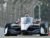 Indycar driver Josef Newgarden moves up Pine Avenue during the final practice session for the Grand Prix of Long Beach auto race Saturday, Sept. 25, 2021, in Long Beach, Calif. (Will Lester/The Orange County Register via AP)