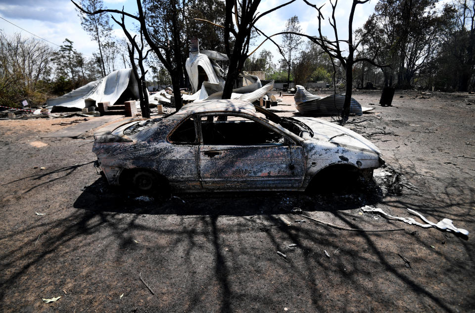 Picture of a car burnt by the bushfire in the rural town of Rappville.