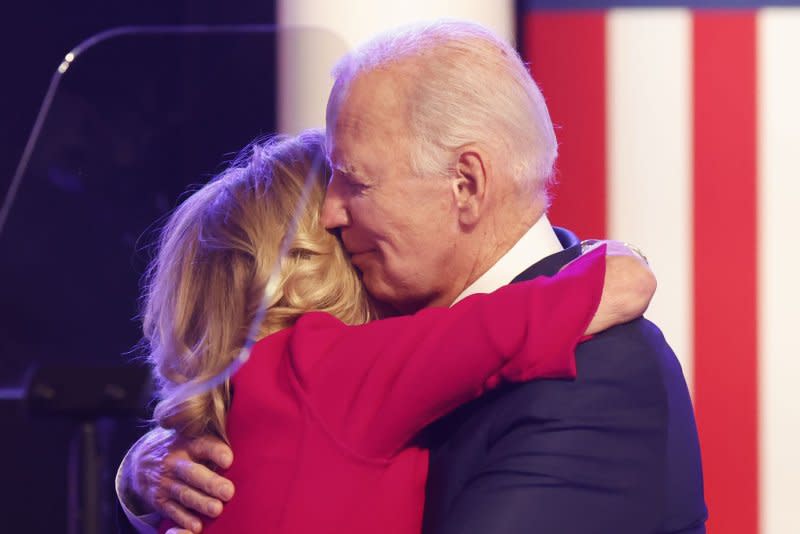 First lady Jill Biden joins President Joe Biden on stage after he delivers remarks on the Jan. 6, 2021, attack on the U.S. Capitol at Montgomery County Community College near Valley Forge, Pennsylvania, on Friday. Photo by John Angelillo/UPI