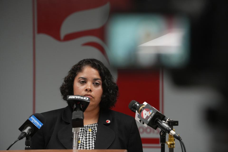 As Columbus teachers picketed on Aug. 22, 2022 Columbus School Board President Jennifer Adair held a news conference to state the board's views on the strike.